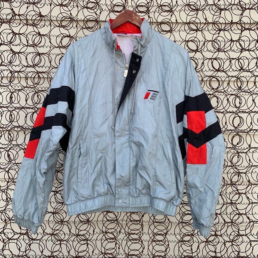 Vintage 90s silver black red color block windbreaker track suit jacket